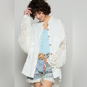 POL Openwork Lantern Sleeve Button Down Gauze Shirt